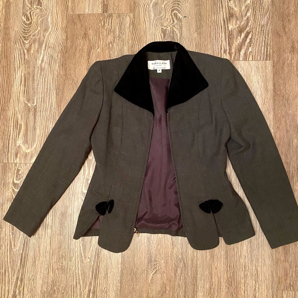 Madrigano gray wool suit grey wool black velvet collar & bows
